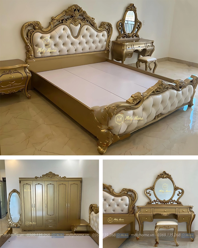 Combo giường tủ tân cổ điển gồm chiếc giường trái tim 1m8x2m, tủ 5 cánh 2m1x2m3, táp đầu giường tân cổ, bàn trang điểm gương hình quả trứng 1m2, toàn bộ phun màu đồng hoàng đế sang trọng