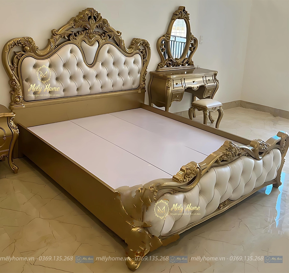Chiếc giường tân cổ điển hình trái tim sơn màu đồng hoàng đế, kích thước 1m8x2m