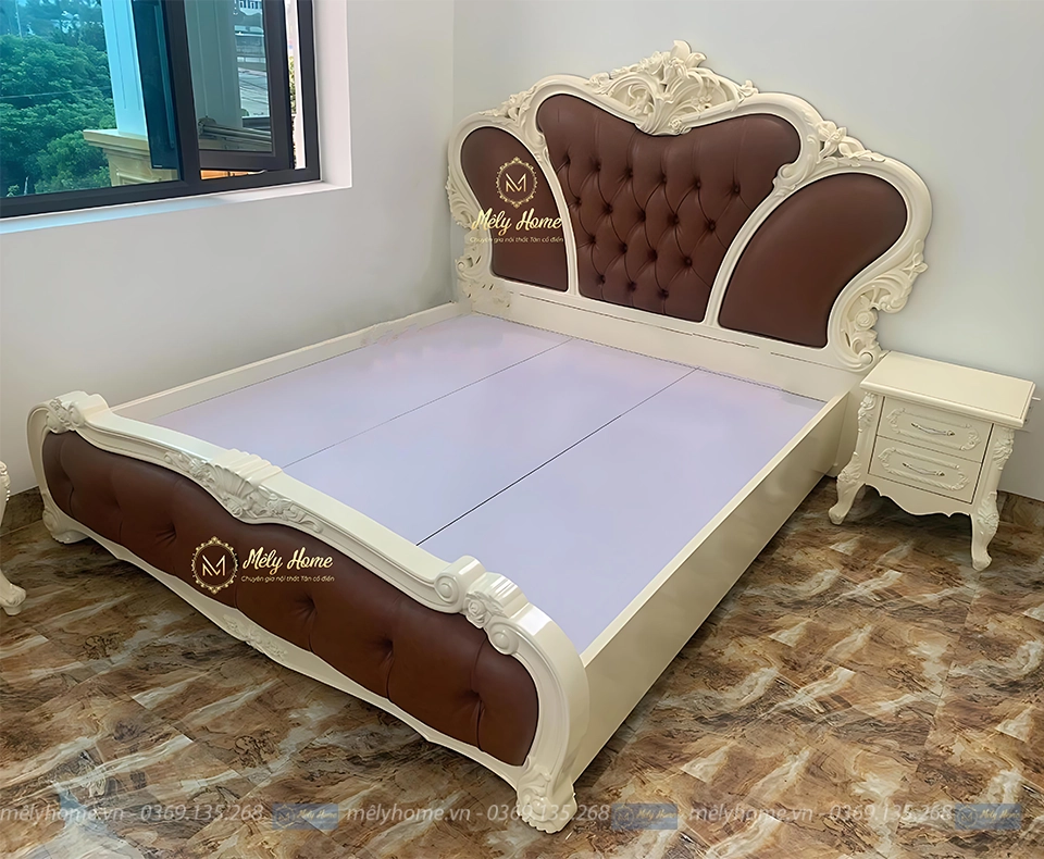Bộ giường tủ tân cổ gồm giường hoa quỳnh 1m8x2m, tủ 6 cánh với 2 cánh kính CNC, táp đầu giường và bàn trang điểm