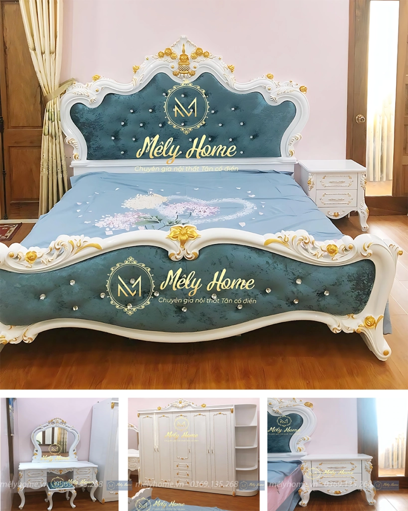 Combo giường tủ tân cổ điển gồm chiếc tủ 5 cánh kèm kệ góc 2m4x2m3, chiếc giường hoa hồng 1m6 có đầu cao và đầu thấp bọc nhung màu xanh rêu, táp, bàn trang điểm 1m2