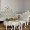 Bộ sofa spa siêu đẹp chuyên dụng cho tiệm nail, khung gỗ MDF sơn trắng nhũ vàng, bọc da màu hơi xanh