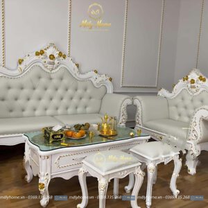 Bộ sofa spa siêu đẹp chuyên dụng cho tiệm nail, khung gỗ MDF sơn trắng nhũ vàng, bọc da màu hơi xanh