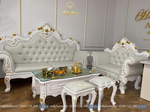 Bộ sofa spa siêu đẹp chuyên dụng cho tiệm nail, khung gỗ MDF sơn trắng nhũ vàng, bọc da màu hơi xanh