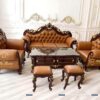 Bộ sofa tân cổ điển giá rẻ gồm 1 văng dài 2m2, 2 ghế đơn 1m, 1 bàn trà 1m2 và 2 đôn nhỏ, màu cà phê, hoa văn nhũ vàng sang trọng
