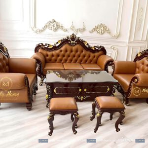 Bộ sofa tân cổ điển giá rẻ gồm 1 văng dài 2m2, 2 ghế đơn 1m, 1 bàn trà 1m2 và 2 đôn nhỏ, màu cà phê, hoa văn nhũ vàng sang trọng