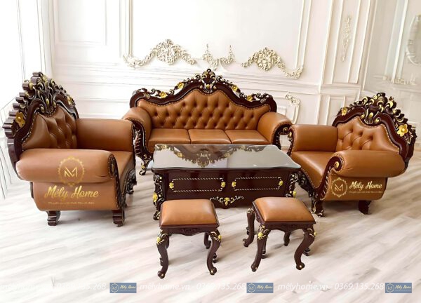 Bộ sofa tân cổ điển giá rẻ gồm 1 văng dài 2m2, 2 ghế đơn 1m, 1 bàn trà 1m2 và 2 đôn nhỏ, màu cà phê, hoa văn nhũ vàng sang trọng