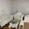 Bộ bàn ghế sofa tân cổ giá rẻ gồm 1 văng dài 2m2, ghế đơn 1m, bàn trà 1m2, 2 đôn nhỏ, bọc da màu xanh nhạt