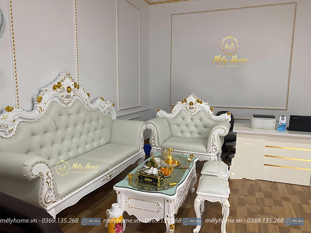Bộ bàn ghế sofa tân cổ giá rẻ gồm 1 văng dài 2m2, ghế đơn 1m, bàn trà 1m2, 2 đôn nhỏ, bọc da màu xanh nhạt