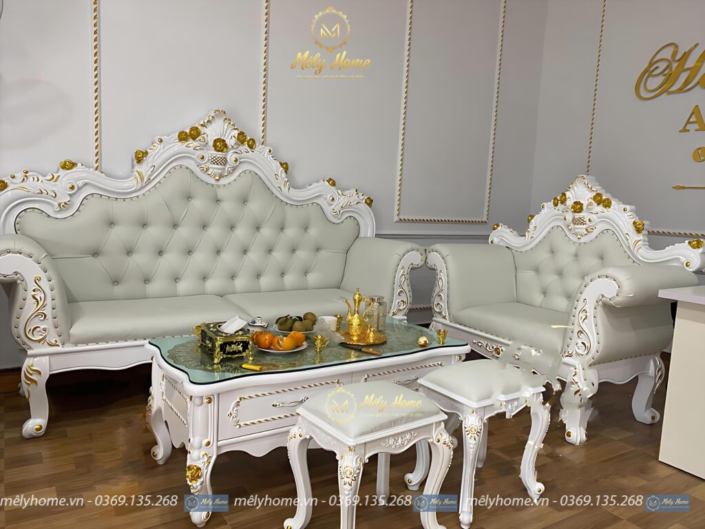 Bộ sofa tân cổ giá rẻ chuyên dụng cho spa và tiệm nail, gồm văng dài, ghế đơn, bàn trà và 2 đôn nhỏ