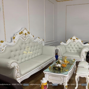 Bộ bàn ghế sofa tân cổ giá rẻ gồm 1 văng dài 2m2, ghế đơn 1m, bàn trà 1m2, 2 đôn nhỏ, bọc da màu xanh nhạt