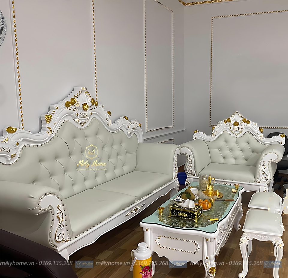 Bộ bàn ghế sofa tân cổ giá rẻ gồm 1 văng dài 2m2, ghế đơn 1m, bàn trà 1m2, 2 đôn nhỏ, bọc da màu xanh nhạt