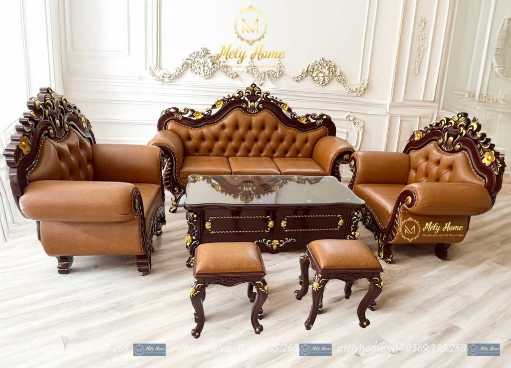Bộ sofa tân cổ điển giá rẻ gồm 1 văng dài 2m2, 2 ghế đơn 1m, 1 bàn trà 1m2 và 2 đôn nhỏ, màu cà phê, hoa văn nhũ vàng sang trọng