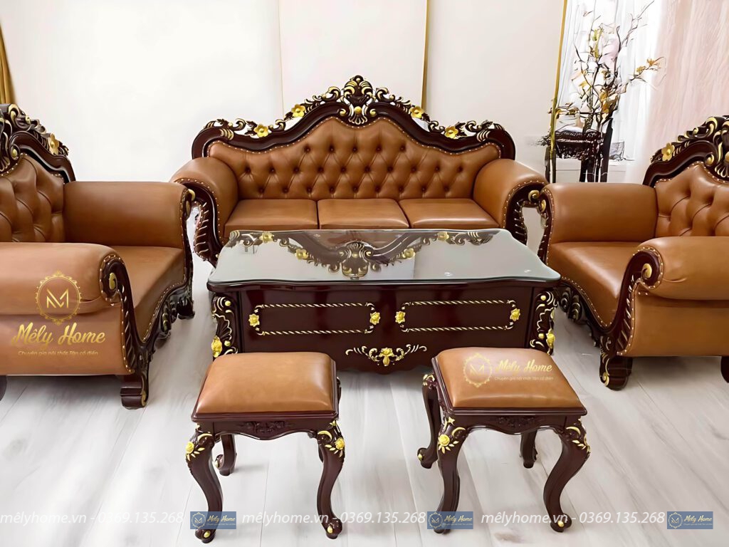 Bộ sofa tân cổ điển giá rẻ gồm 1 văng dài 2m2, 2 ghế đơn 1m, 1 bàn trà 1m2 và 2 đôn nhỏ, màu cà phê, hoa văn nhũ vàng sang trọng