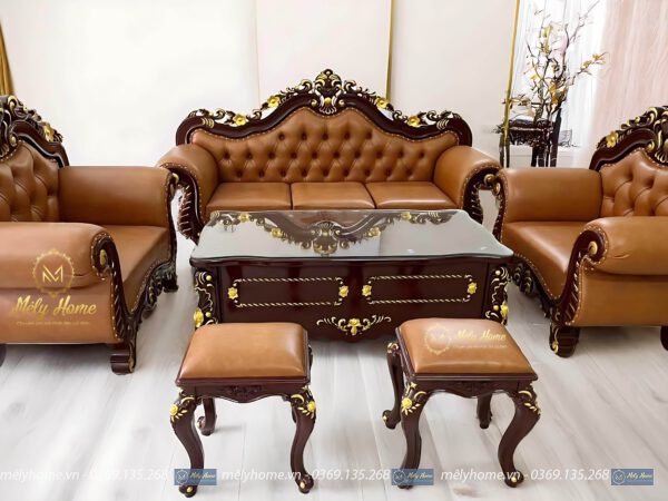 Bộ sofa tân cổ điển giá rẻ gồm 1 văng dài 2m2, 2 ghế đơn 1m, 1 bàn trà 1m2 và 2 đôn nhỏ, màu cà phê, hoa văn nhũ vàng sang trọng
