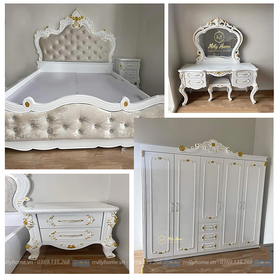 Bộ giường tủ tân cổ điển giá rẻ gồm 4 món cơ bản: giường tân cổ giá rẻ 1m8x2m, tủ 5 cánh 2m1x2m3, bàn trang điểm 90cm, táp 40cm
