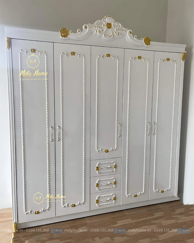 Bộ Giường Tủ Giá Rẻ Với Chiếc Tủ 5 Cánh Nhũ Vàng Rất Đẹp