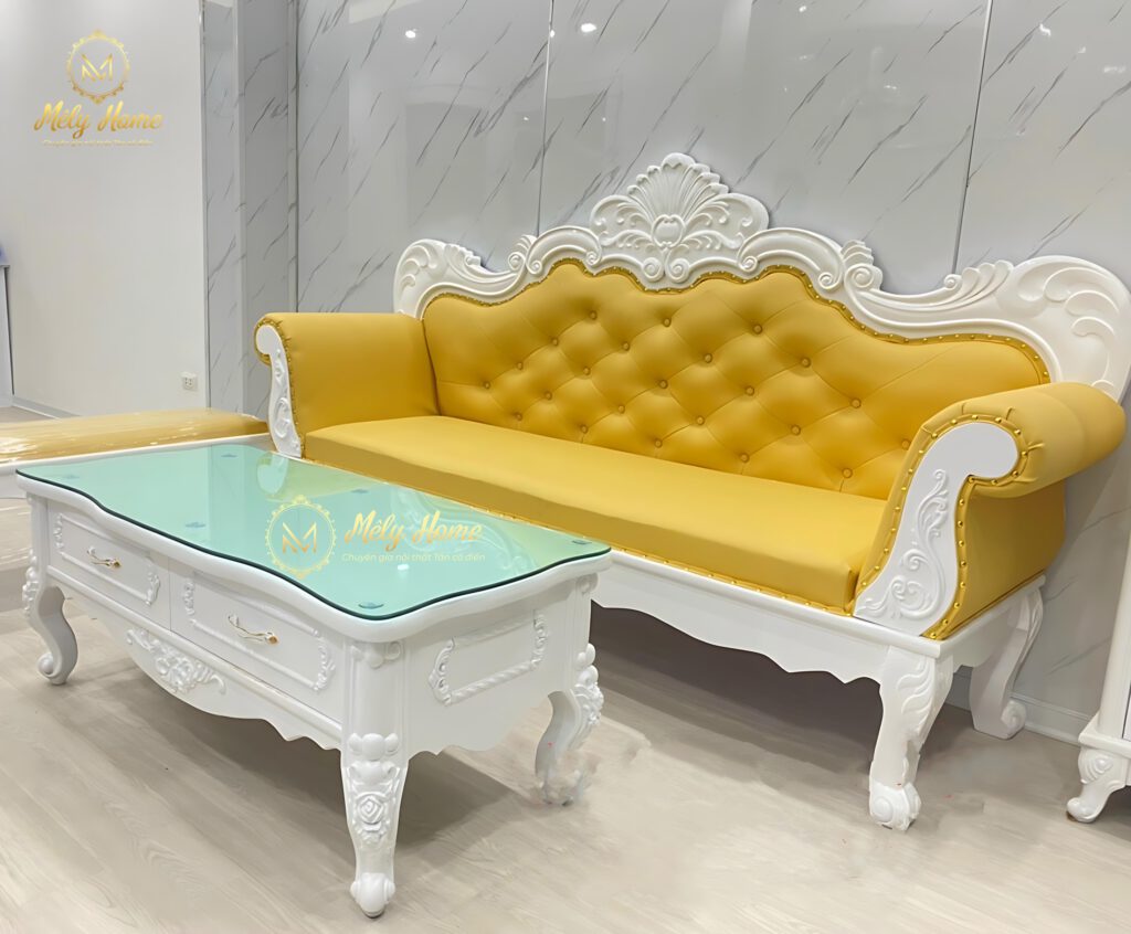 Ghế sofa tân cổ điển giá rẻ dài 2m2, gỗ MDF, khung sơn màu trắng, bọc da màu vàng sang trọng