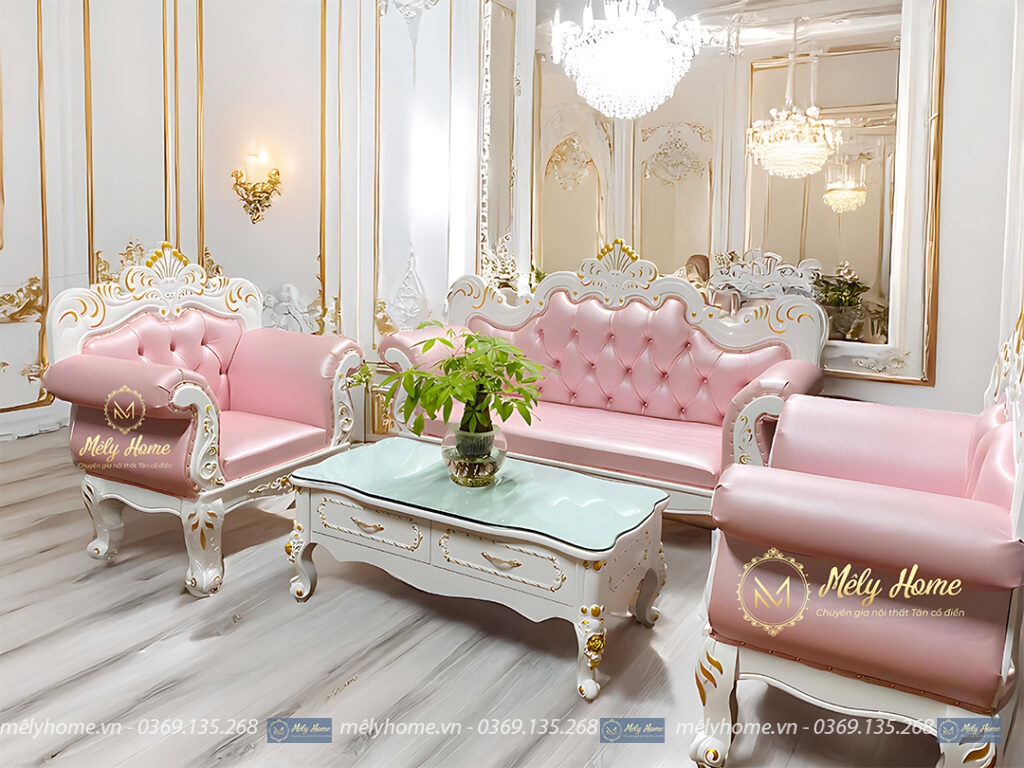 Bộ sofa tân cổ điển màu cánh sen, gồm 1 văng dài, 2 ghế đơn và 1 bàn trà dài 1m2, nhìn rất sang trọng và đẹp mắt