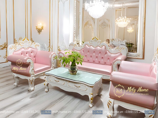 Bộ sofa tân cổ điển màu cánh sen, gồm 1 văng dài, 2 ghế đơn và 1 bàn trà dài 1m2, nhìn rất sang trọng và đẹp mắt