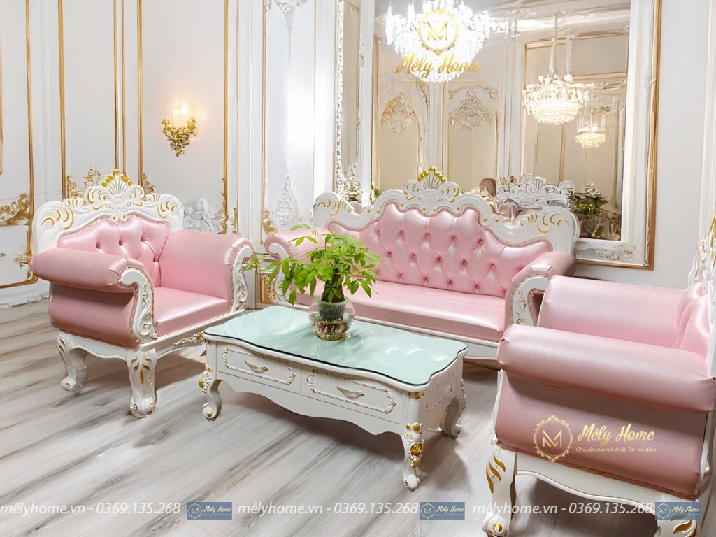 Bộ ghế tân cổ điển giá rẻ gồm văng dài 2m2,2 ghế đơn 1m, bàn trà 1m2, khhung gỗ thông pha gỗ MDF phun sơn màu trắng, nọc da màu hồng rất đẹp