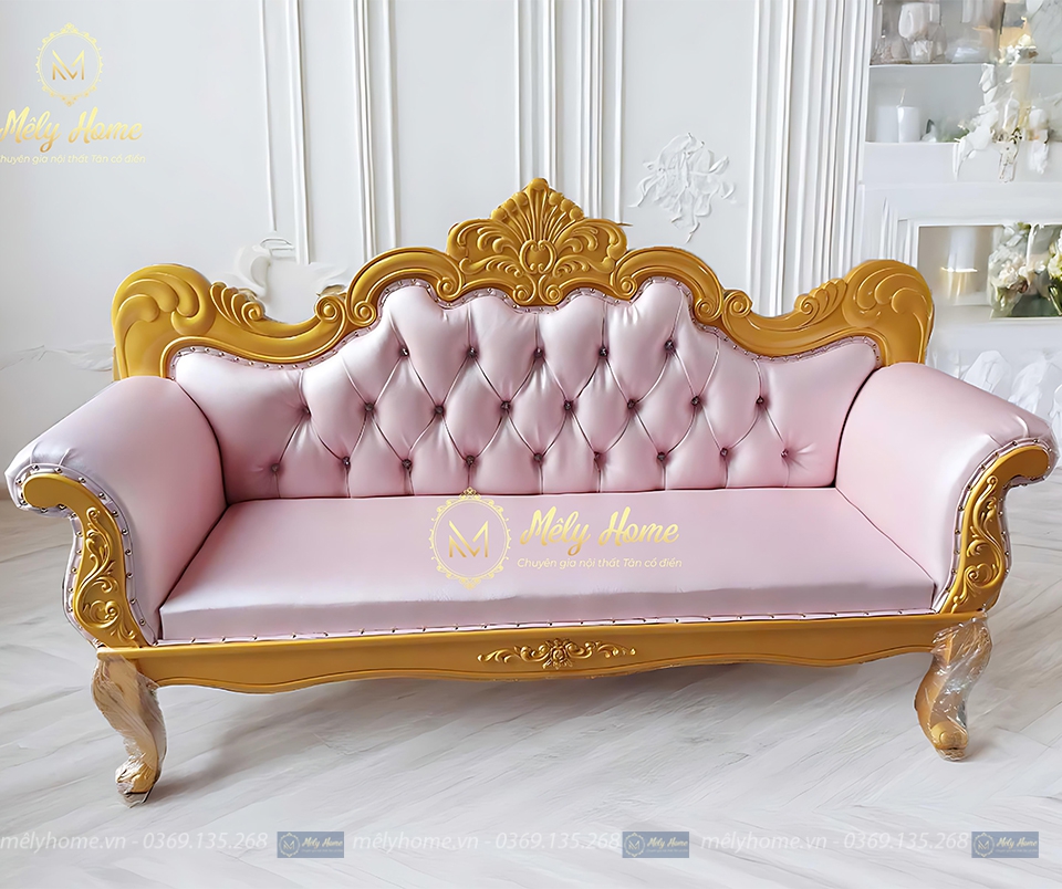 Văng tân cổ điển dài 2m2, khung phun màu vàng, bọc da màu cánh sen, chuyên dụng cho tiệm spa, tiệm nail