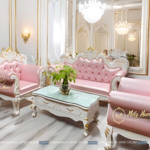 Bộ sofa tân cổ điển màu cánh sen, gồm 1 văng dài, 2 ghế đơn và 1 bàn trà dài 1m2, nhìn rất sang trọng và đẹp mắt