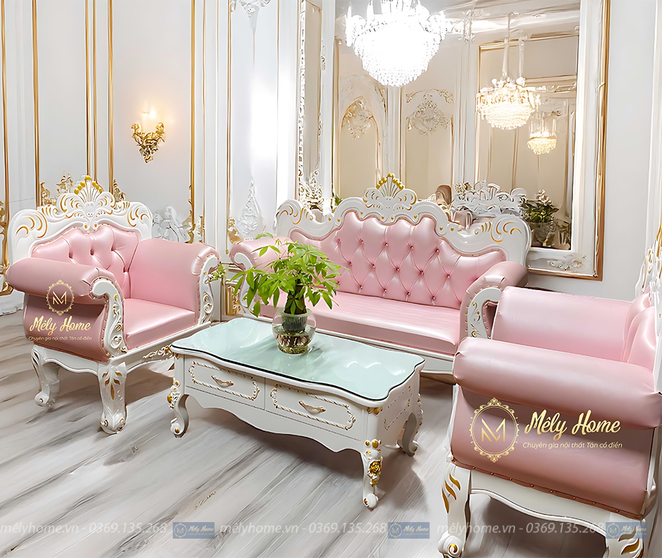 Bộ sofa tân cổ điển màu cánh sen, gồm 1 văng dài, 2 ghế đơn và 1 bàn trà dài 1m2, nhìn rất sang trọng và đẹp mắt
