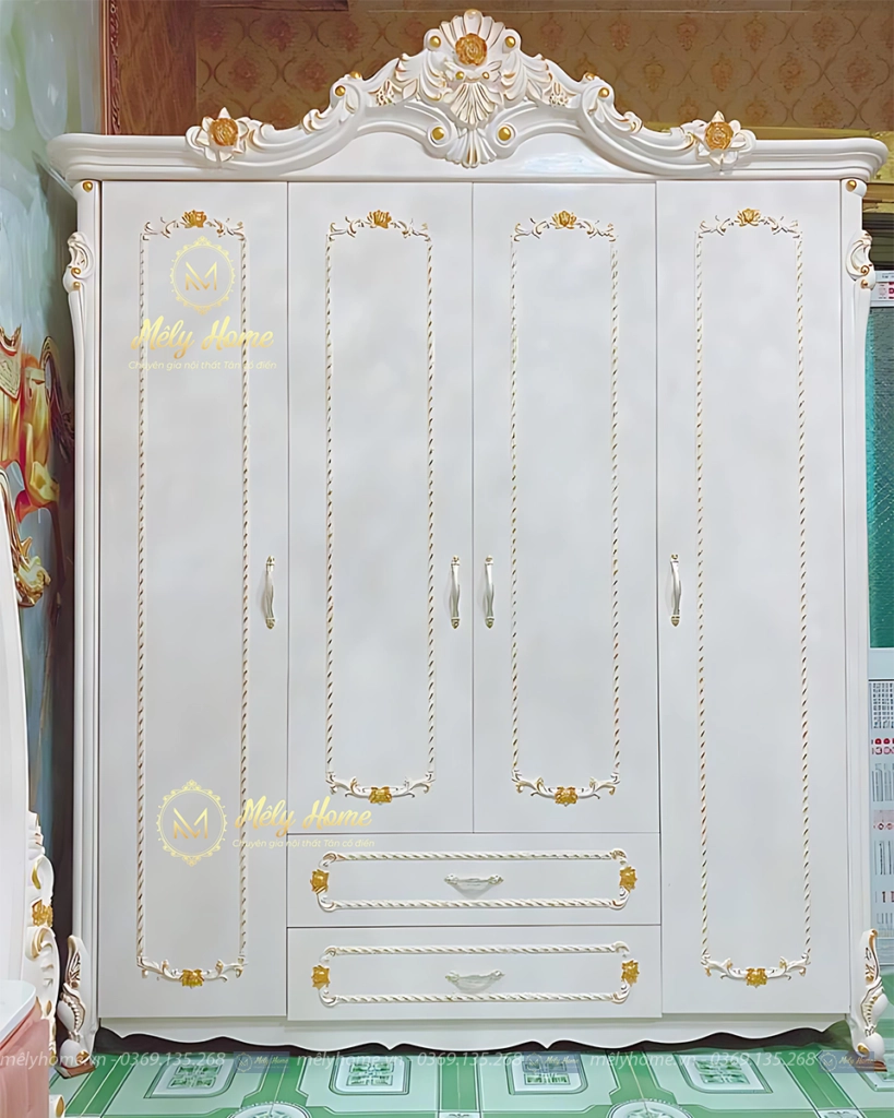 Chiếc tủ quần áo tân cổ điển 4 cánh màu trắng, hoa văn nhũ vàng, kích thước 1m7x2m3