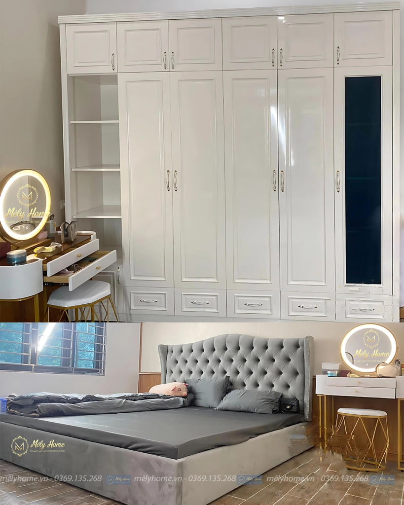 Phòng ngủ đẹp cho nữ gồm giường bọc nệm toàn thân 1m6x2m, bàn trang điểm 80cm gương led tròn, tủ quần áo tân cổ điện hiện đại cánh soi 2m4x2m45