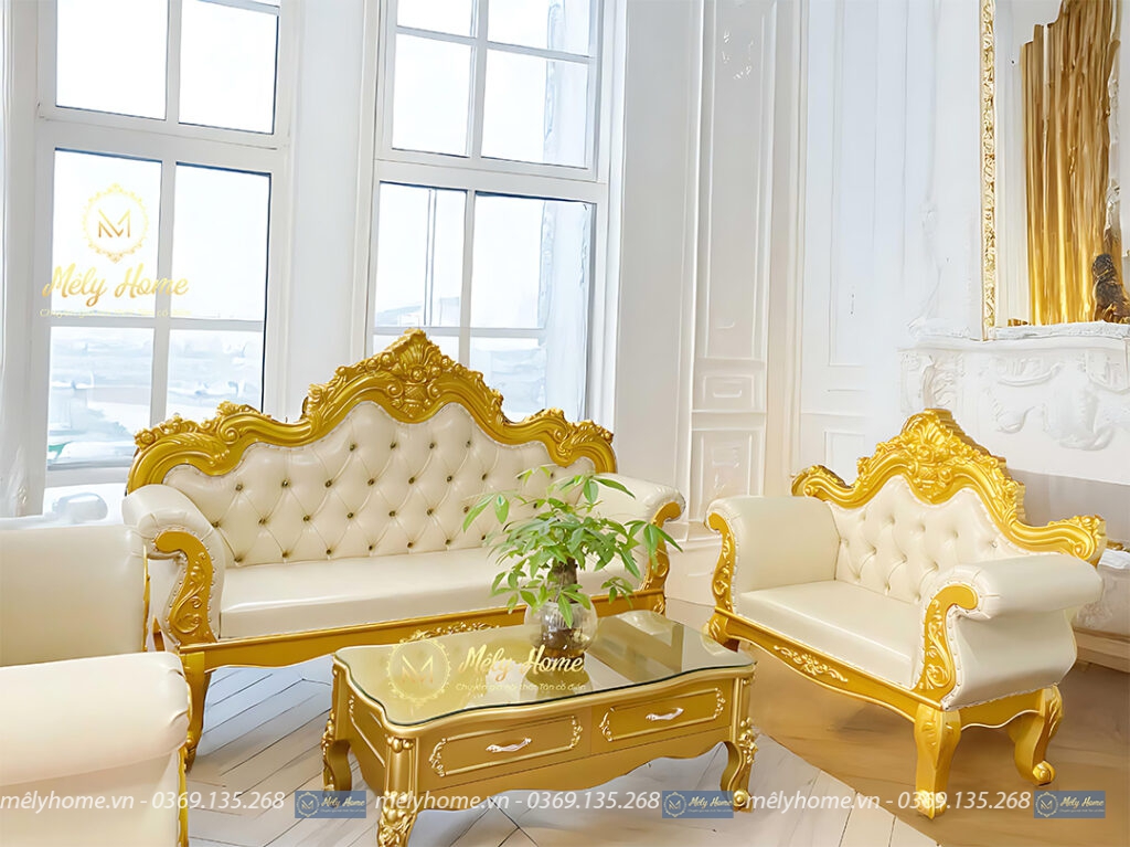Bộ sofa tân cổ điển khung phun vàng, rất thích hợp với các không gian sang trọng như biệt thự, khách sạn cao cấp, nhà liền kề...