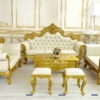 Bộ sofa tân cổ điển phân khúc giá rẻ gồm 1 văng dài 2m2, 2 ghế đơn 1m, bàn trà 1m2, 2 đôn nhỏ, khung phun màu vàng sang trọng