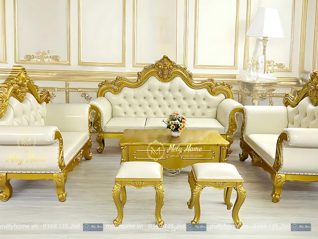 Bộ sofa tân cổ điển phân khúc giá rẻ gồm 1 văng dài 2m2, 2 ghế đơn 1m, bàn trà 1m2, 2 đôn nhỏ, khung phun màu vàng sang trọng