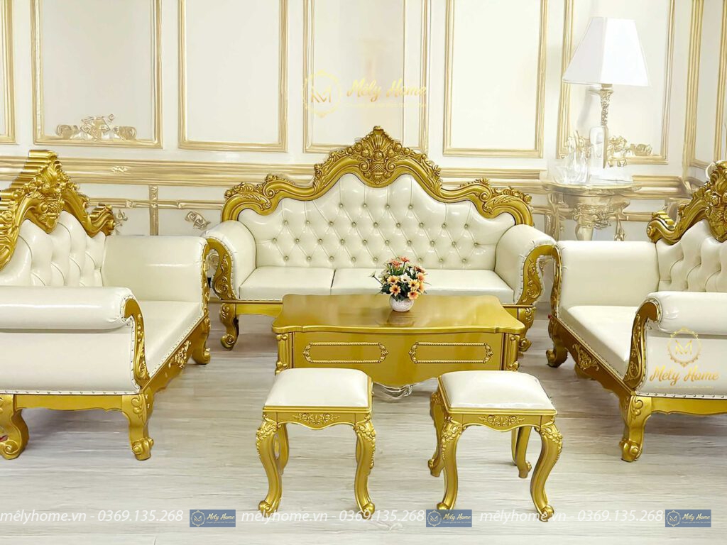 Bộ sofa tân cổ dành cho tiệm nail, spa, khoác trên mình bộ áo màu vàng siêu sang trọng, chất liệu gỗ MDF pha gỗ tự nhiên, phôi nhập khẩu, gồm văng dài 2m2, 2 ghế đơn 1m, bàn trà 1m2 đi kèm 2 đôn