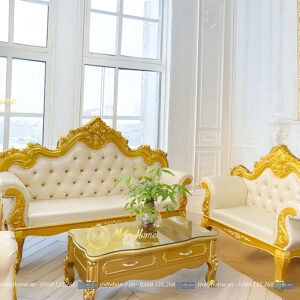 Bộ sofa tân cổ điển khung phun vàng, rất thích hợp với các không gian sang trọng như biệt thự, khách sạn cao cấp, nhà liền kề...