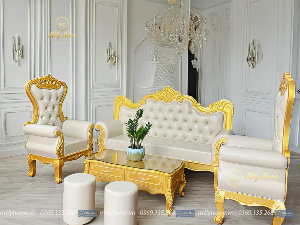 Bộ sofa tân cổ điển phân khúc giá rẻ khung phun vàng, bọc da màu kem rất đẹp mắt