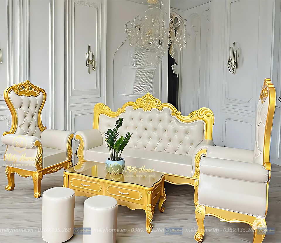 Bộ sofa tân cổ giá rẻ chuyên dụng cho tiệm nail, tiệm spa, hoàn thiện bởi Nội thất Mêly Home
