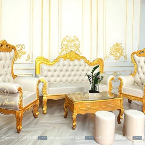 Bộ sopha tân cổ điển phân khúc giá rẻ được hoàn thiện bằng khung phun màu vàng gold rất đẹp, chuyên dụng cho spa, gồm 1 văng dài, 2 ghế đơn cao, 1 bàn trà