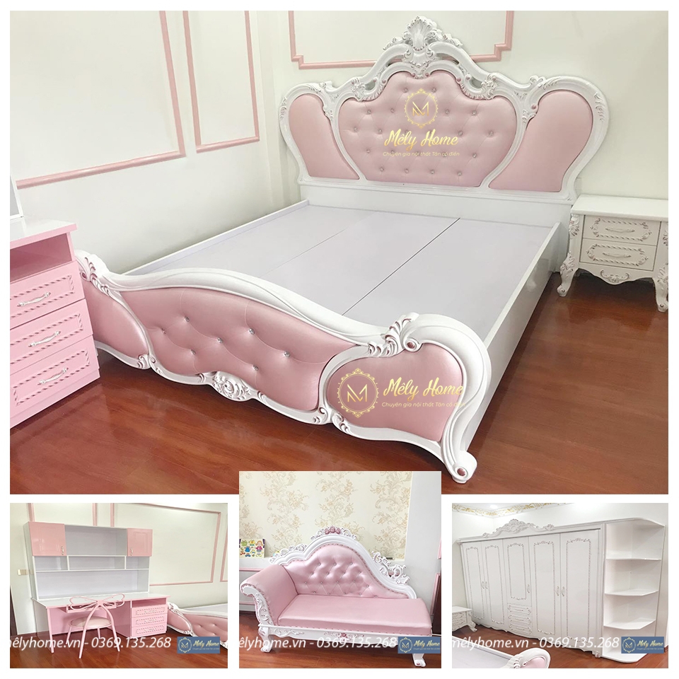 Phòng ngủ tân cổ điển cho bé gái, gồm: Giường tân cổ điển bọc đệm màu hồng; Tủ 5 cánh + góc trang trí; Ghế thư giãn tân cổ điển quý phi; Bàn học tân cổ điển dành cho bé gái. Hoa văn nhũ bạc nhẹ nhàng...