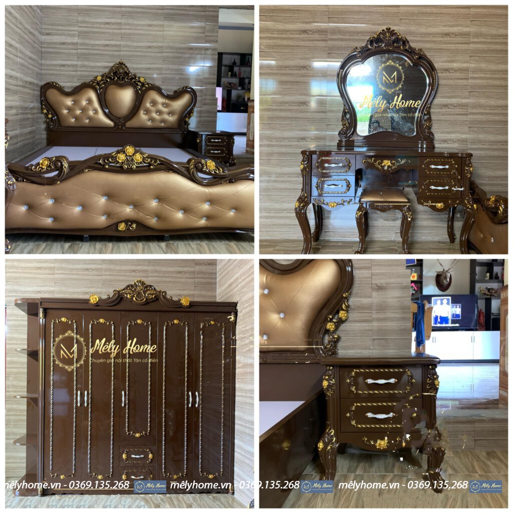 Tủ giường gỗ tân cổ điển, gồm: Giường trái tim; Tủ 5 cánh + góc trang trí; Bàn phấn + Táp. Toàn bộ combo được phun màu cà phê nâu; Hoa văn nhũ vàng đẹp mắt