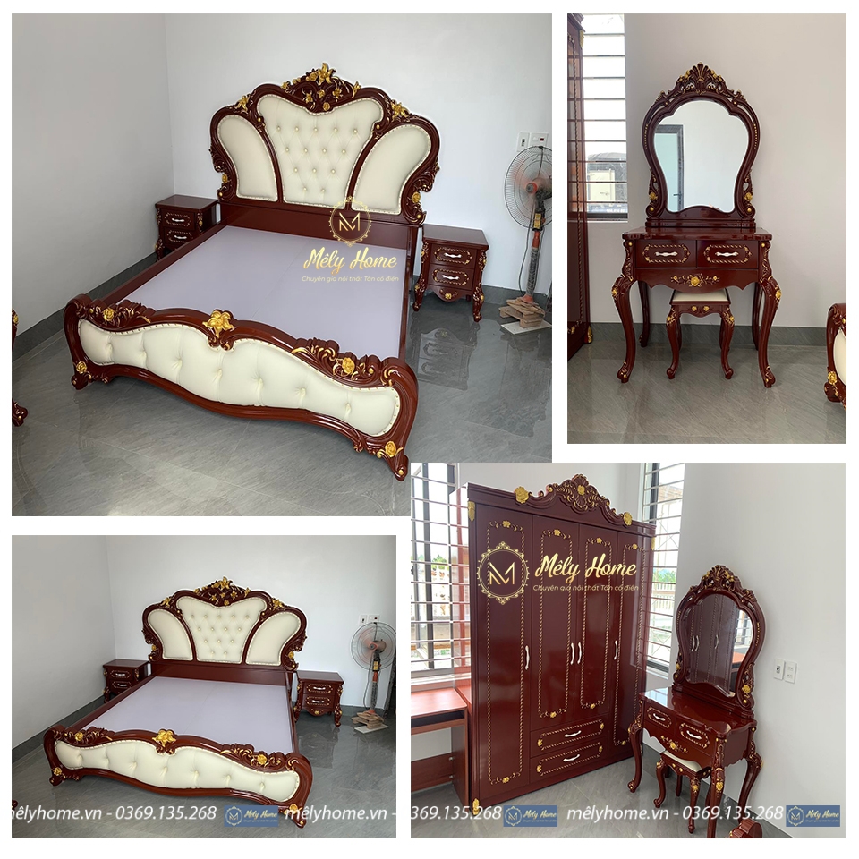 Bộ giường tủ tân cổ điển, gồm: Giường hoa quỳnh, Tủ tân cổ điển 4 cánh, Bàn phấn và 2 Táp đầu giường. Toàn bộ được phun sơn màu cà phê nâu, hoa văn nhũ vàng.