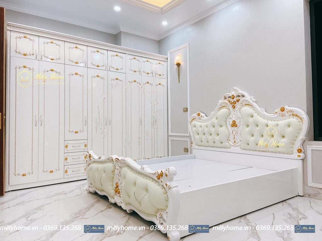 Giường tủ gỗ tân cổ điển, gồm: Giường lục bình, Tủ 7 cánh 2 tầng; Hoa văn nhũ vàng rực rỡ