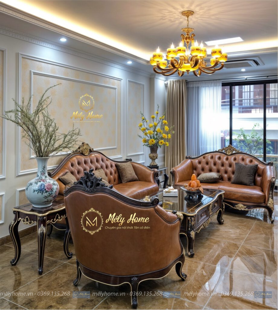 Bộ sofa tân cổ điển cao cấp gỗ tự nhiên phun sơn màu đen, bọc da màu da bò cao cấp, gồm văng dài 2m2, văng nhỡ 1m8, ghế đơn 1m, bàn trà 1m2