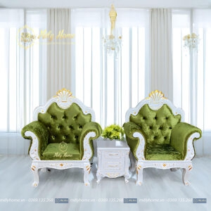 Bộ bàn ghế làm nail phong cách tân cổ điển gỗ MDF, bọc nhung màu xanh, gồm 3 món: 2 ghế đơn 1mx1m25, táp tân cổ điển 40cm