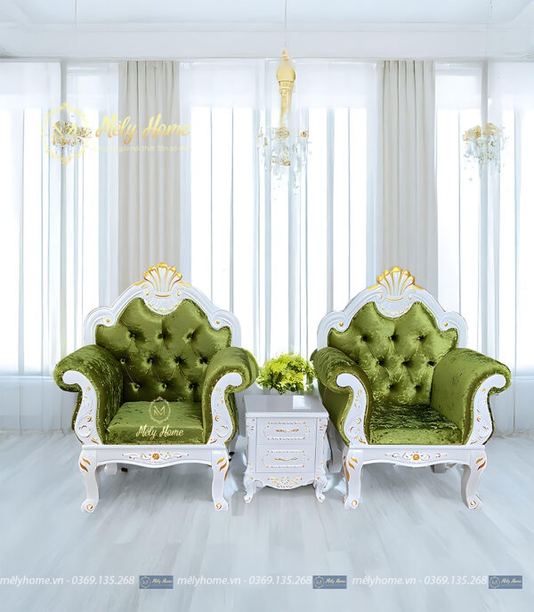 Bộ bàn ghế làm nail phong cách tân cổ điển gỗ MDF, bọc nhung màu xanh, gồm 3 món: 2 ghế đơn 1mx1m25, táp tân cổ điển 40cm