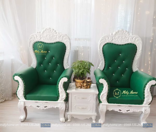 Bộ ghế làm nail bọc nhung màu xanh lá cây rất đẹp mắt, chất liệu gỗ MDF, thiết kế theo phong cách tân cổ điển