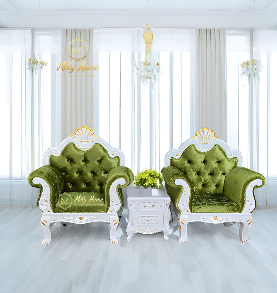Bộ bàn ghế làm nail phong cách tân cổ điển gỗ MDF, bọc nhung màu xanh, gồm 3 món: 2 ghế đơn 1mx1m25, táp tân cổ điển 40cm