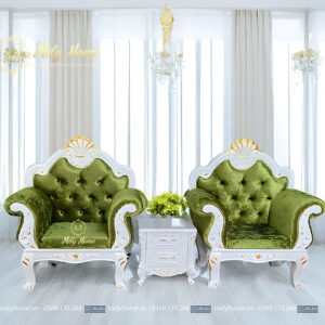 Bộ bàn ghế nail phong cách tân cổ điển gỗ mdf, bọc nhung màu xanh cốm, gồm 3 món: 2 ghế đơn 1mx1m25, táp tân cổ điển 40cm