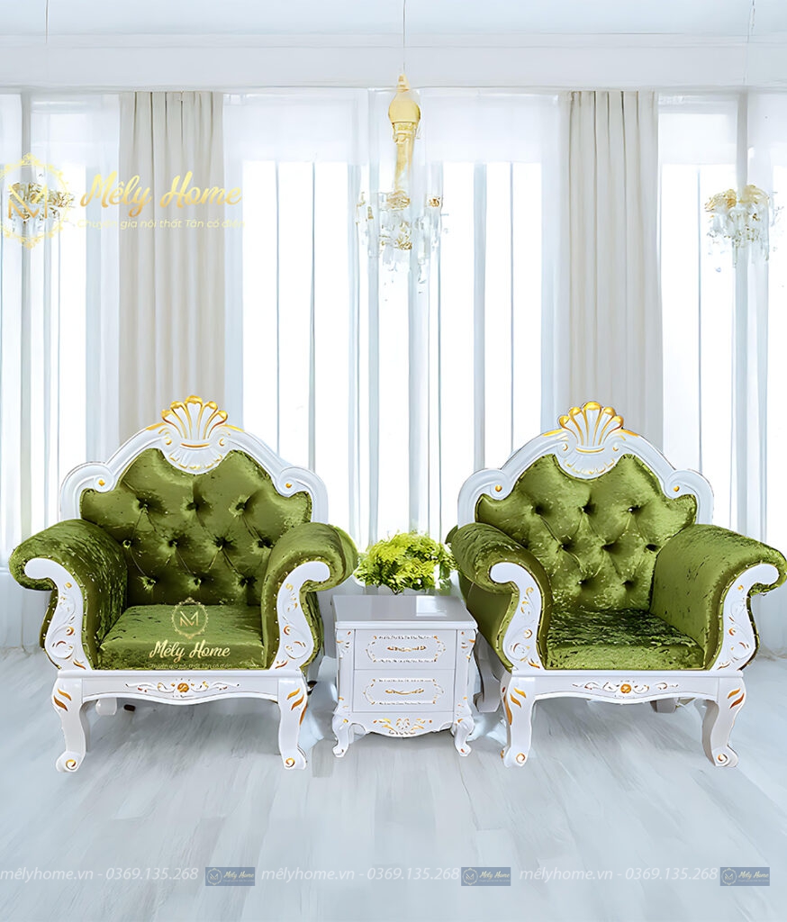 Bộ bàn ghế nail phong cách tân cổ điển gỗ mdf, bọc nhung màu xanh cốm, gồm 3 món: 2 ghế đơn 1mx1m25, táp tân cổ điển 40cm