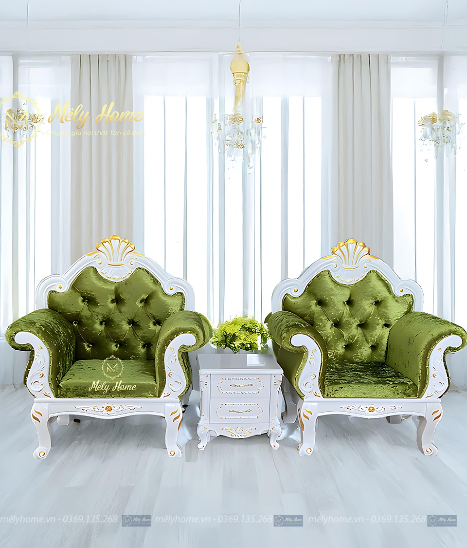 Bộ bàn ghế nail phong cách tân cổ điển gỗ mdf, bọc nhung màu xanh cốm, gồm 3 món: 2 ghế đơn 1mx1m25, táp tân cổ điển 40cm