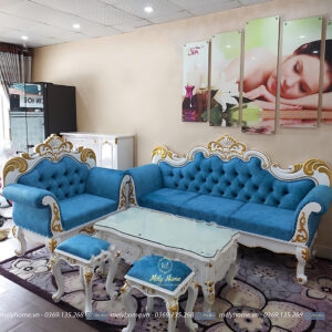 Bộ sofa tân cổ điển giá rẻ dành cho tiệm nail, spa, gỗ MDF hoa văn nhũ vàng, bọc nhung màu xanh, văng dài 2m2, ghế đơn 1m, bàn trà 1m2 và 2 đôn nhỏ
